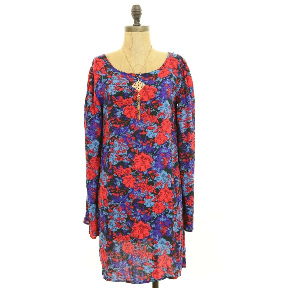 Free People Tunic Dress Size XS Open Back Wide Sleeve Floral Red Purple EUC A3